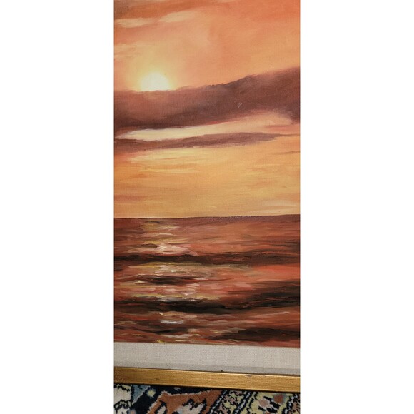 VTG 1973 Ocean Sunset Sea Landscape Oil Painting Frame 21 1/2" x 24 1/2" Red Sky - Picture 14 of 16